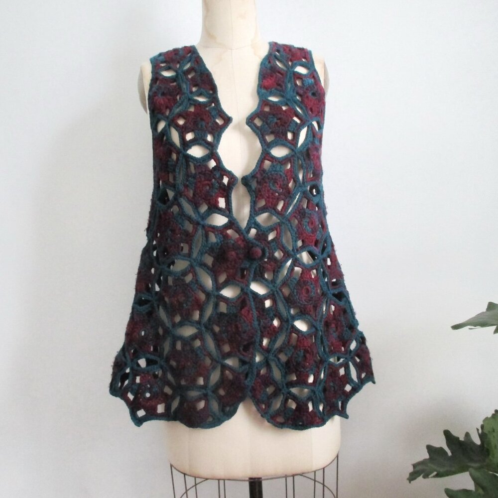 Vintage Bohemian Crochet Vest Teal and Burgundy